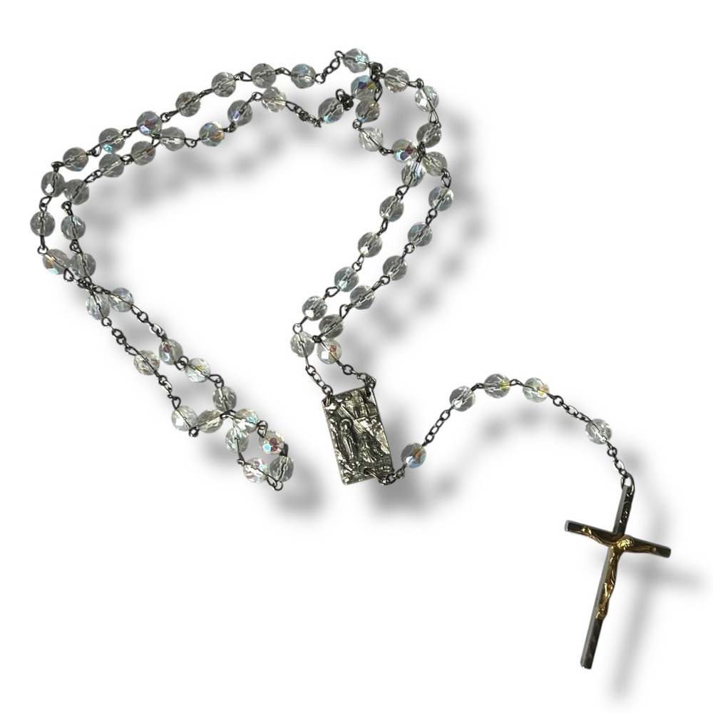 Italian Iridescent Beaded Silver Rosary Necklace
